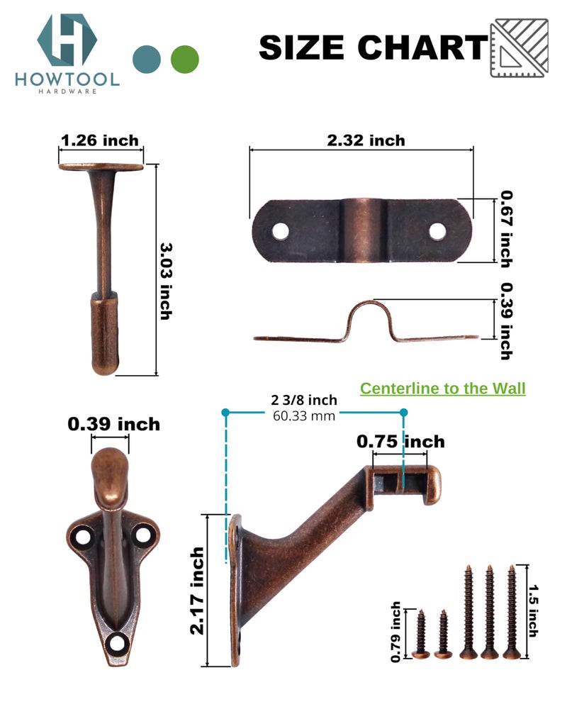 HOWTOOL Handrail Brackets Wall Mounted Antique Bronze (Antique Copper Look) Heavy Duty Zinc Stair Railing Support with Matching Screws, 3 Pack HOWTOOL - Image 2